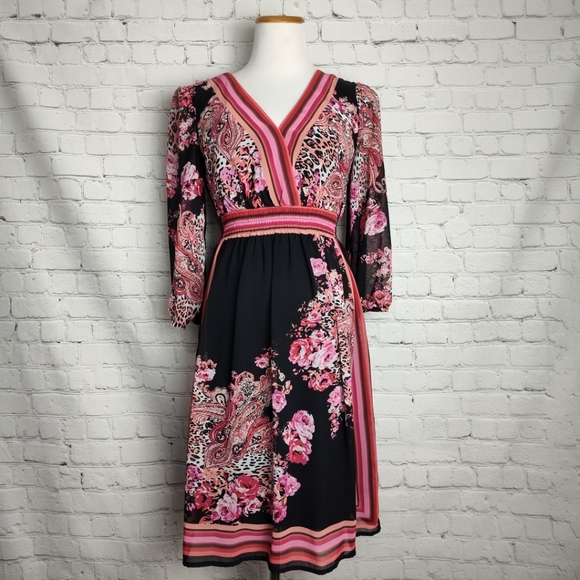Bisou Bisou Dresses & Skirts - Bisou Bisou Michele Bohbot Dress 8  Pink Coral Black Flower Sheer  3/4 Sleeves
